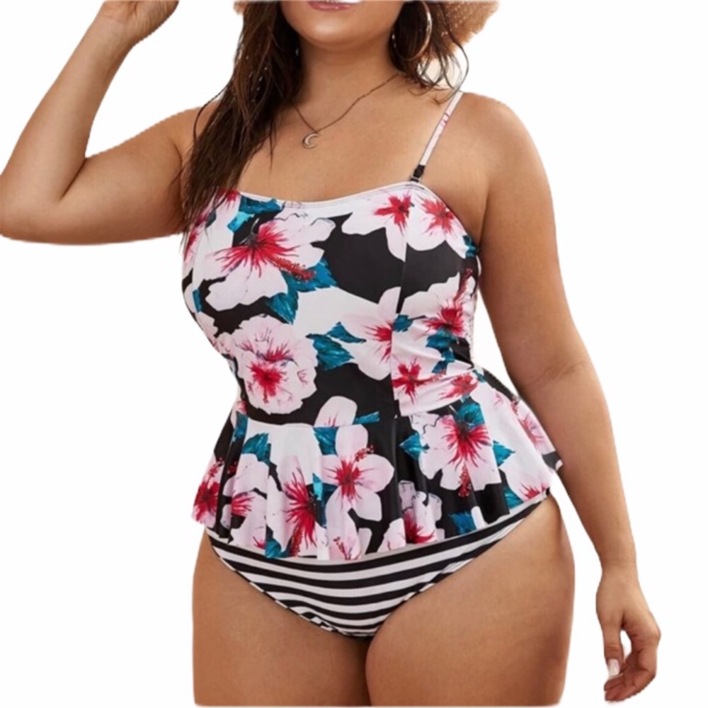 PLUS floral print top stripe tankini bathing suit - Picture 1 of 4